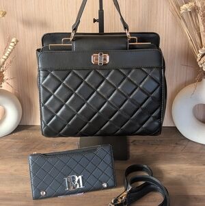 Black Quilted Handbag Matching Wallet And Adjustable Removable Crossbody Strap